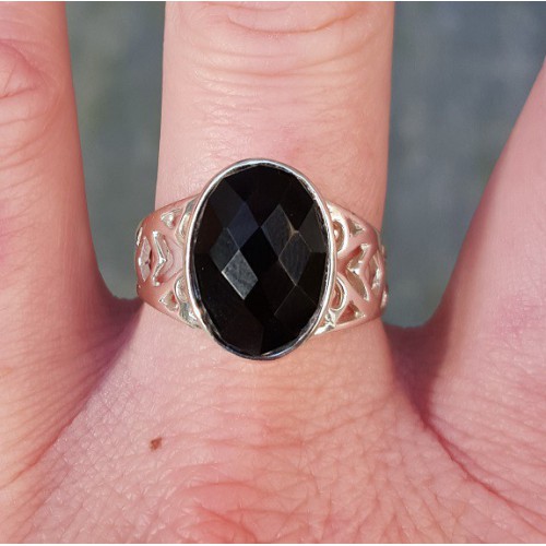 Silver ring set with oval facet black onyx size 19