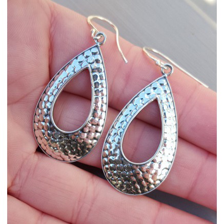 Silver earrings with hammered open drop