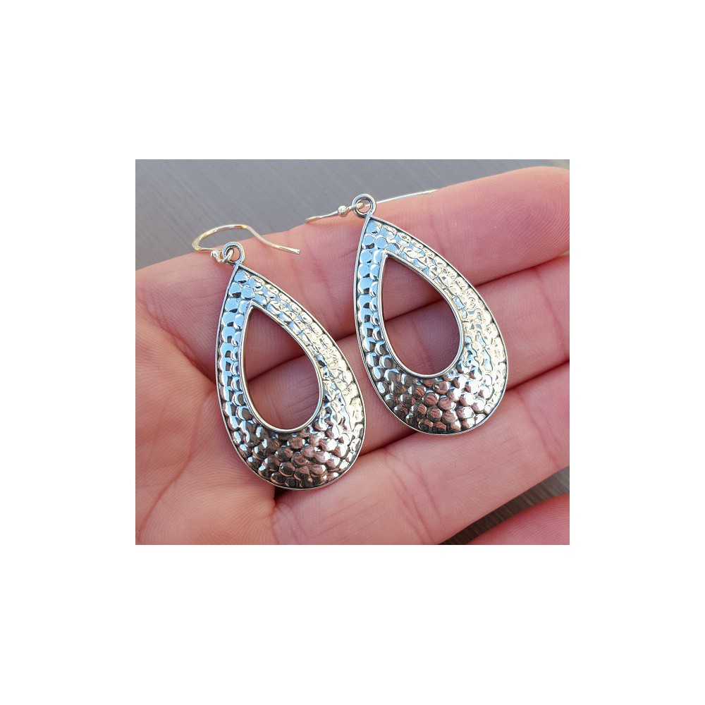 Silver earrings with hammered open drop