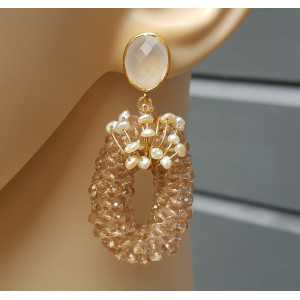 Gold plated earrings with white Chalcedony, crystals and Pearls