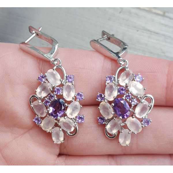 Silver gemstone earrings with faceted rose quartz and Amethyst