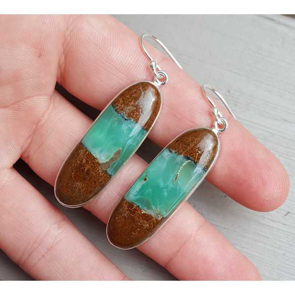 Silver long drop earrings set with oval Boulder Chrysoprase