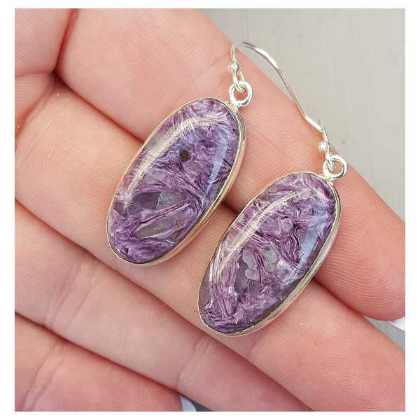 Silver earrings set with oval cabochon Charoiet