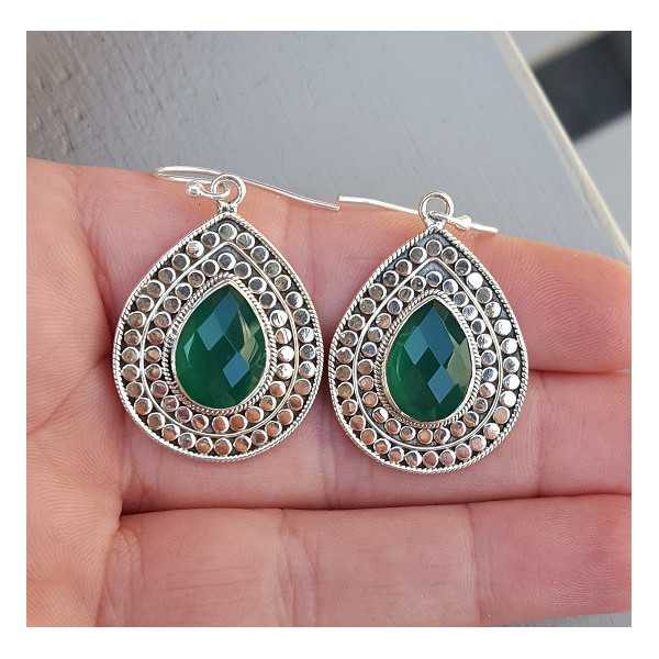 Silver earrings with faceted green Onyx Large